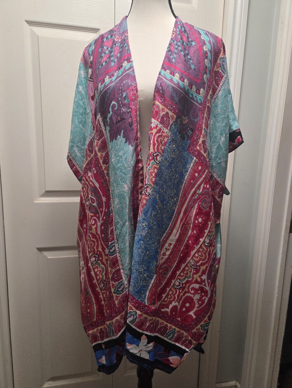 Boho Paisley Pink & Teal Open Front Kimono